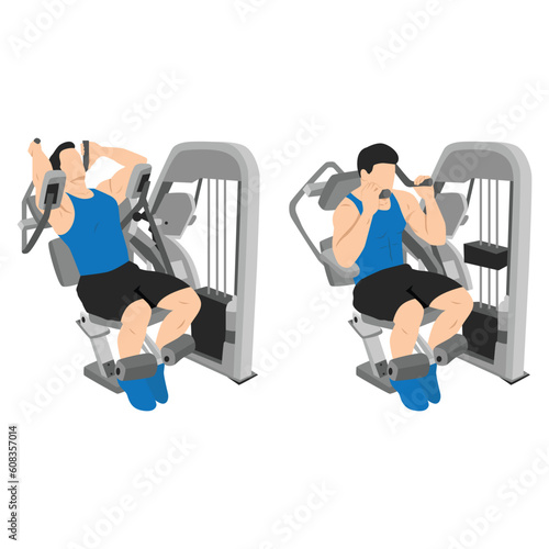 Young man exercise with abs muscles on press machine, Man working out with ab crunch machine. Flat vector illustration isolated on white background photo