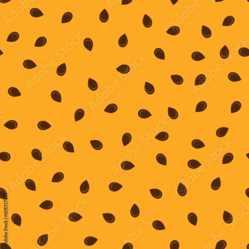 Vector Seamless Passion Fruit Pattern with Brown Seeds on Orange Background. Tropical Food Texture