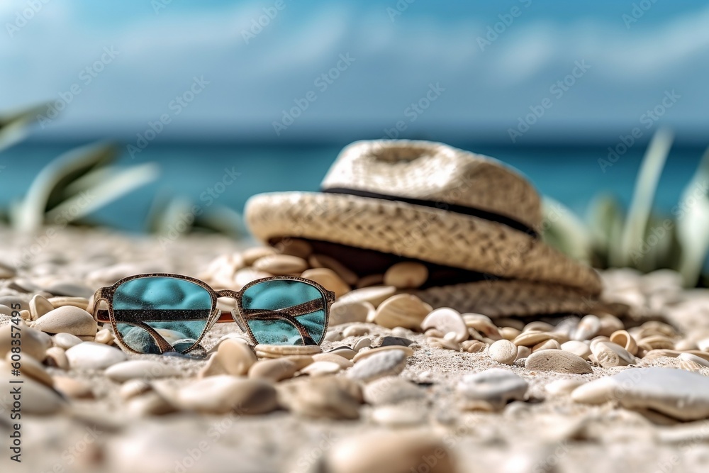 Man's beach straw hat and sunglasses on the pebbled seaside. Generative AI. Man's beach straw hat and sunglasses on the pebbled seaside. Generative AI.