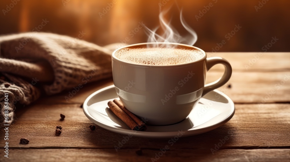Cup of steaming hot coffe on wooden table. AI generated Cup of steaming hot coffe on wooden table. AI generated