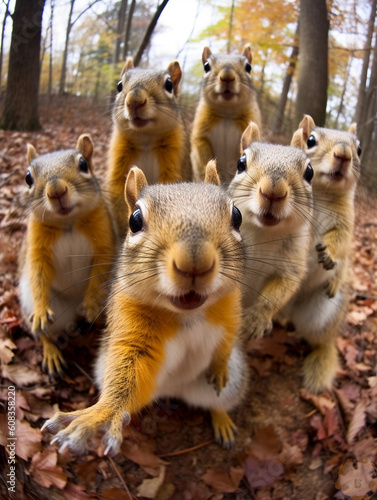 Eine putzige Gruppe von Eichhörnchen machen ein Selfie Foto im Wald, ai generativ