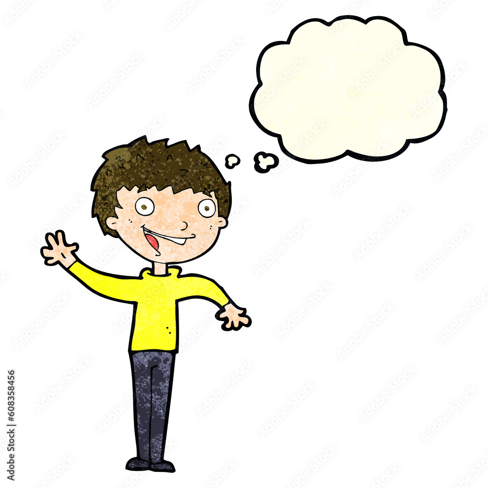 cartoon happy boy waving with thought bubble cartoon happy boy waving with thought bubble