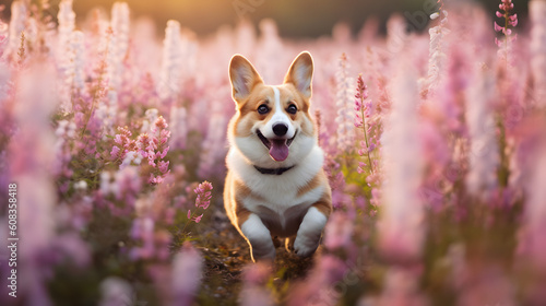The Corgi dog running in the pink flower garden, Generative AI