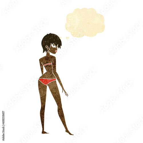 cartoon woman in bikini with thought bubble