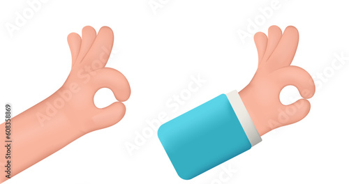 OK, human hand gesture isolated on white. Realistic 3d design In cartoon style. Approval, acceptance, consent, good condition. All Right, Good, All is Well Concept. 3d cartoon. Vector illustration