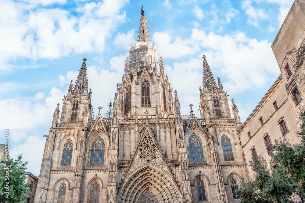 Gothic facade of Barcelona Cathedral close up, Spain. Reconstruction of the spire of the Roman Catholic Cathedral of the Holy Cross and Saint Eulalia