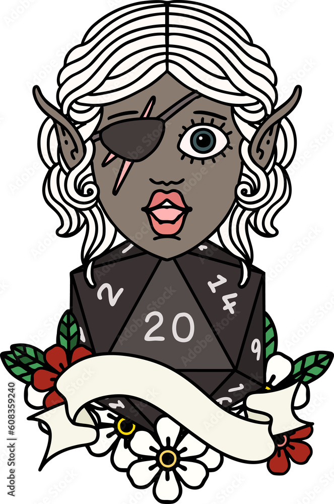 Retro Tattoo Style elf rogue character with natural twenty dice roll Retro Tattoo Style elf rogue character with natural twenty dice roll