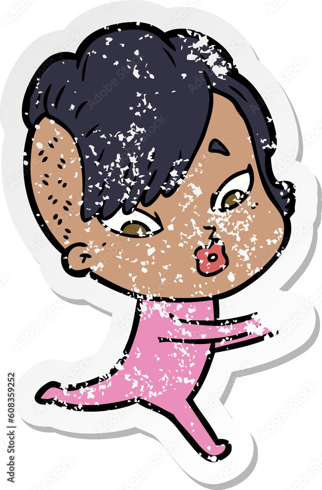 distressed sticker of a cartoon surprised girl distressed sticker of a cartoon surprised girl