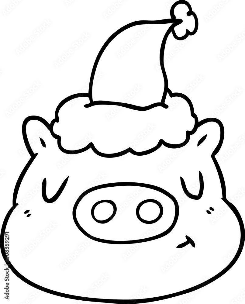 hand drawn line drawing of a pig face wearing santa hat hand drawn line drawing of a pig face wearing santa hat