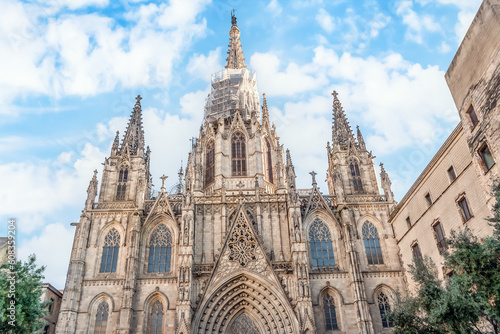 Gothic facade of Barcelona Cathedral close up  Spain. Reconstruction of the spire of the Roman Catholic Cathedral of the Holy Cross and Saint Eulalia