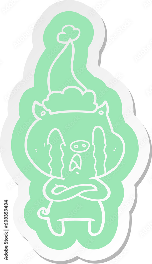 crying pig quirky cartoon sticker of a wearing santa hat crying pig quirky cartoon sticker of a wearing santa hat
