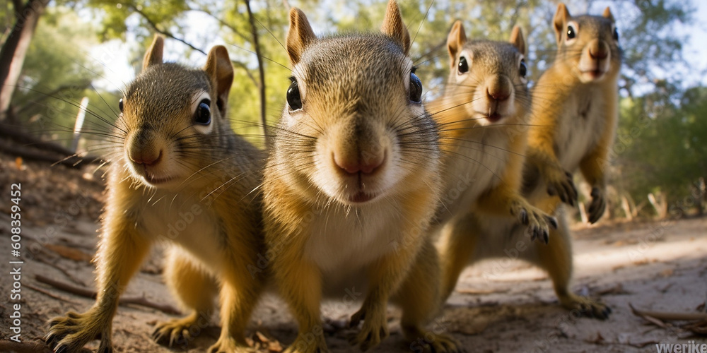 Fototapeta Eine putzige Gruppe von Eichhörnchen machen ein Selfie Foto im Wald, ai generativ