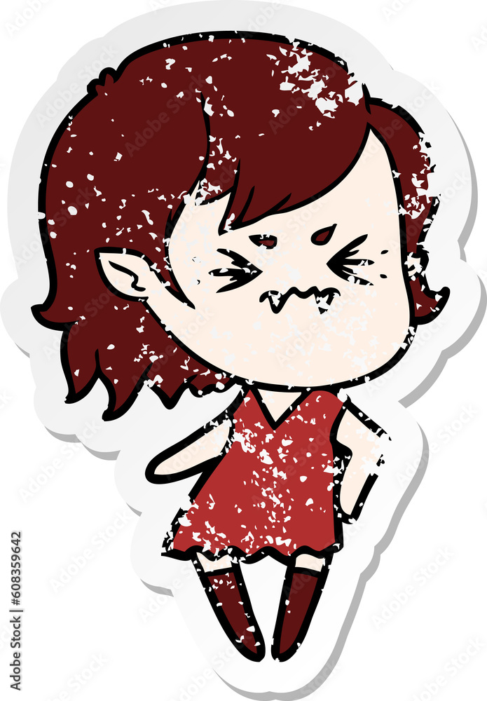 distressed sticker of a annoyed cartoon vampire girl distressed sticker of a annoyed cartoon vampire girl