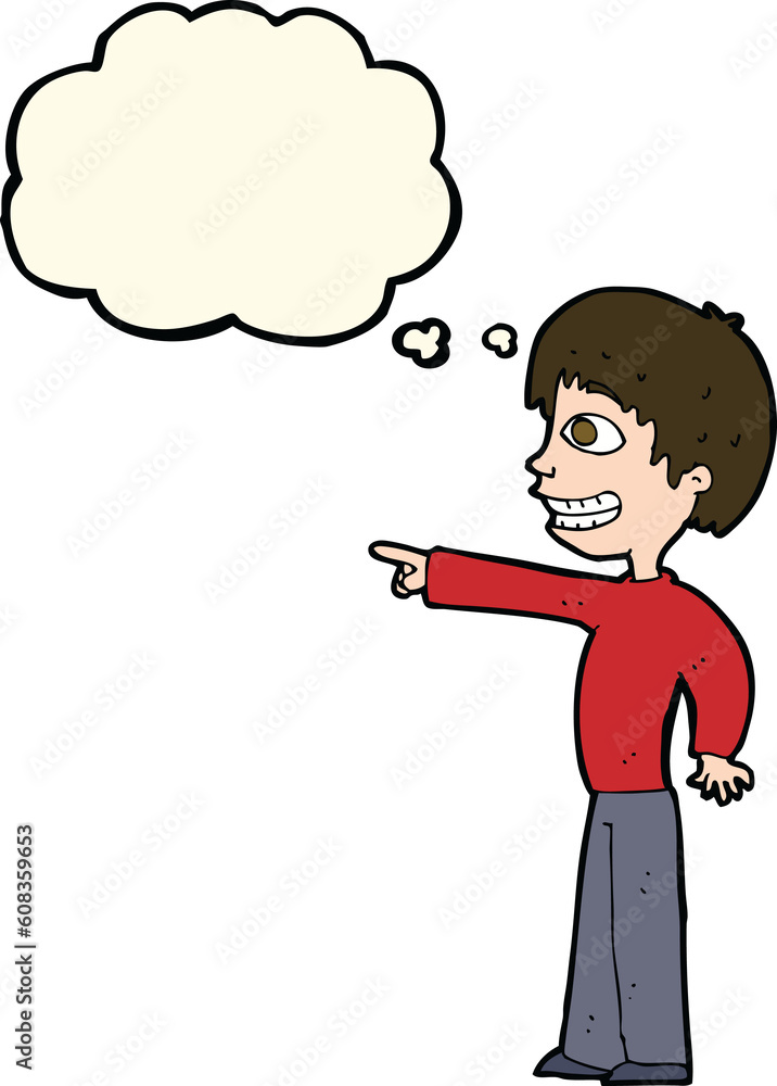 cartoon grinning boy pointing with thought bubble cartoon grinning boy pointing with thought bubble