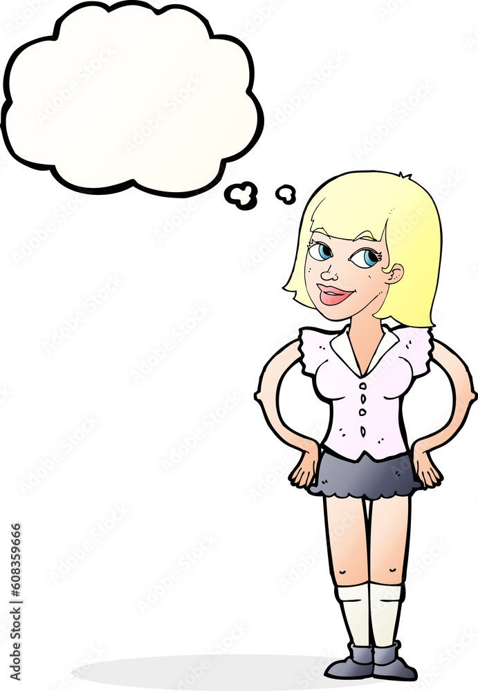 cartoon woman with hands on hips with thought bubble cartoon woman with hands on hips with thought bubble