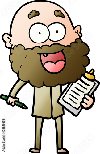 cartoon crazy happy man with beard and clip board for notes