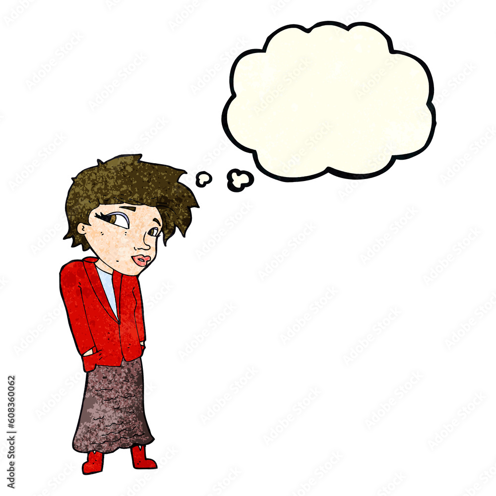 cartoon woman with hands in pockets with thought bubble cartoon woman with hands in pockets with thought bubble