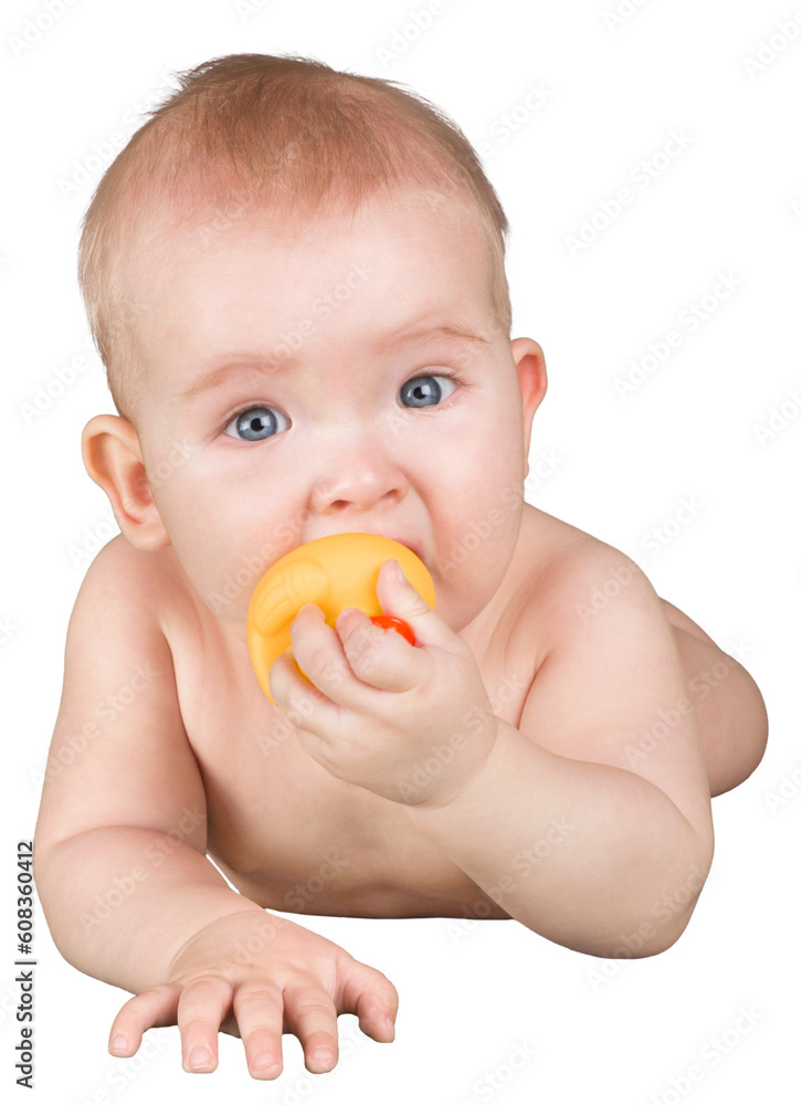Cute baby girl on her stomach with teether in the mouth Cute baby girl on her stomach with teether in the mouth