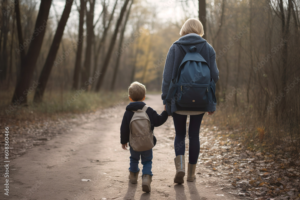 Generative AI of rear view of a mother taking her little son to the kindergarten in a rural area Generative AI of rear view of a mother taking her little son to the kindergarten in a rural area
