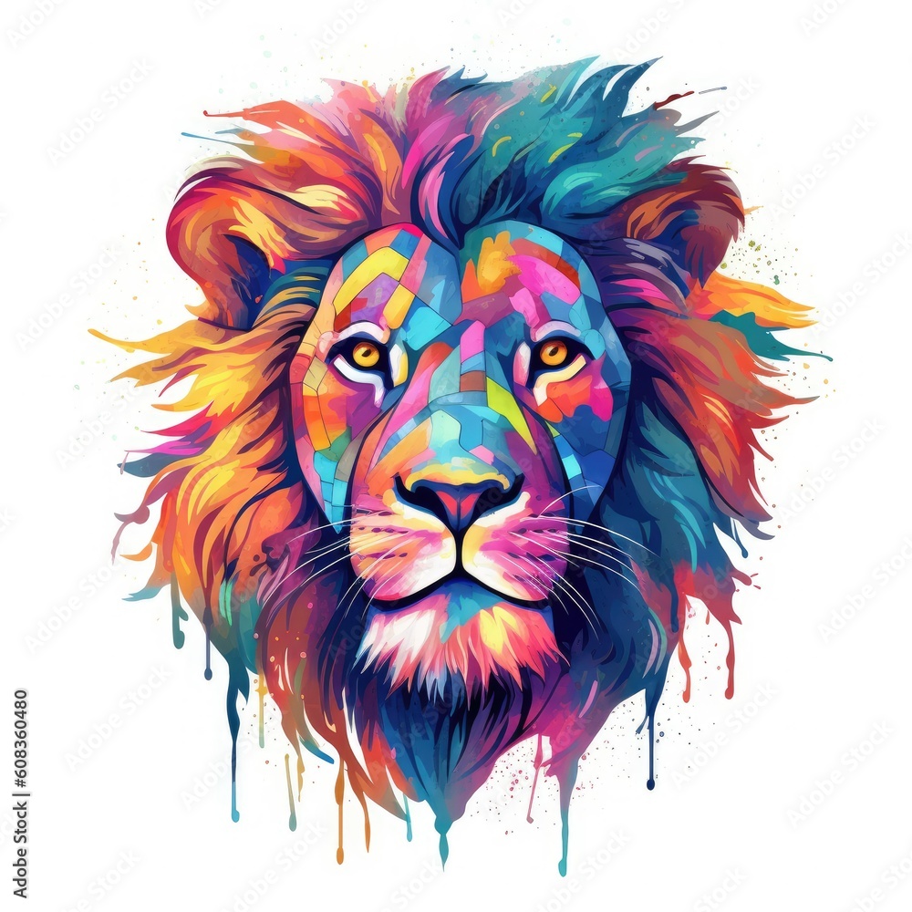 Colorful lion head art, artistic illustration, multicolor paint splash, generative AI