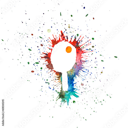 Pintura em aquarela estilo Splash de uma raquete de tênis-de-mesa com uma bolinha laranja. Tinta respingada colorida sobre papel branco.