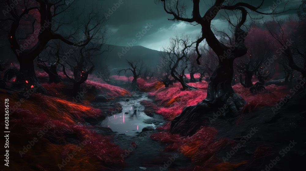 Fototapeta premium Fantasy, mystical landscape. Strange spooky magical forest