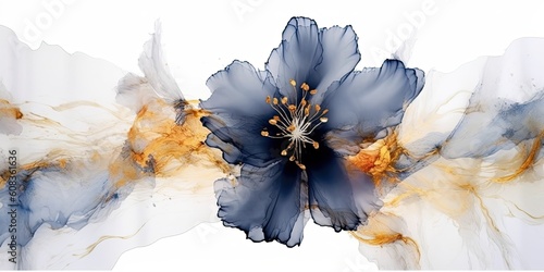 Fototapeta Naklejka Na Ścianę i Meble -  a wallpaper botanical flowers with one big flower for whole artwork flowing alcohol ink style bioluminescence white background, white, gold, generative ai.