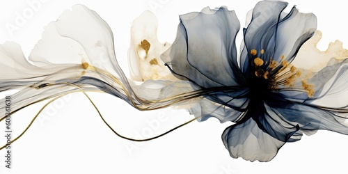 a wallpaper botanical flowers with one big flower for whole artwork flowing alcohol ink style bioluminescence white background, white, gold, generative ai.