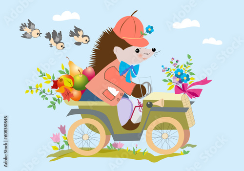 Hedgehog in a car with a bouquet of flowers and fruits
