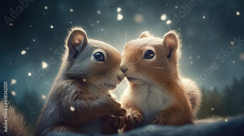 Serene winter scene with forest background and adorable squirrel couple. Generative AI