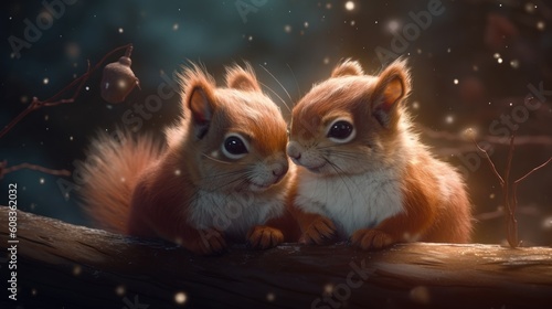 Serene winter scene with forest background and adorable squirrel couple. Generative AI