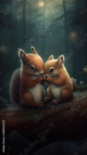 Serene winter scene with forest background and adorable squirrel couple. Generative AI © Gasi