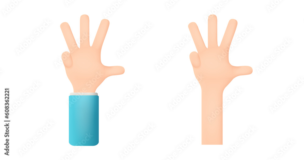 Hand gesture number four. Counting on fingers. Thumb, index, middle, ring fingers are unclenched. Hand in 3D cartoon style isolated on white background. 3d vector illustration Hand gesture number four. Counting on fingers. Thumb, index, middle, ring fingers are unclenched. Hand in 3D cartoon style isolated on white background. 3d vector illustration