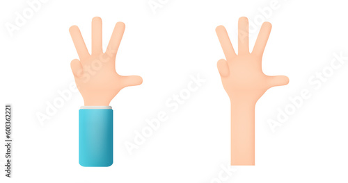 Hand gesture number four. Counting on fingers. Thumb, index, middle, ring fingers are unclenched. Hand in 3D cartoon style isolated on white background. 3d vector illustration
