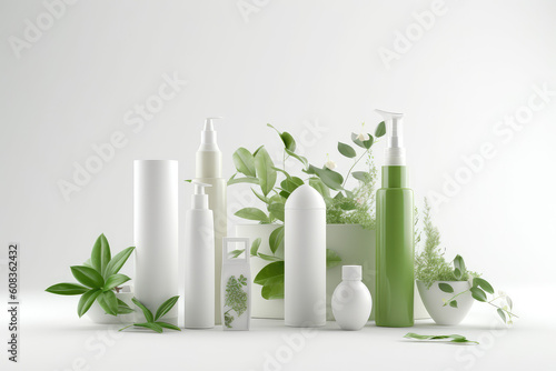 Mockup of different white cosmetic bottles and containers for creams and grooming cosmetics isolated on grey. Green plants, natural eco cosmetics template. Generative AI professional photo imitation.