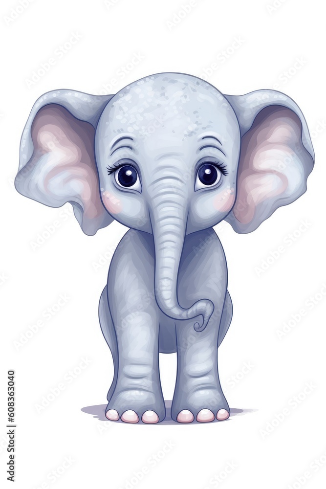 Cute baby Elephant in Cartoon Style on white background - generative AI