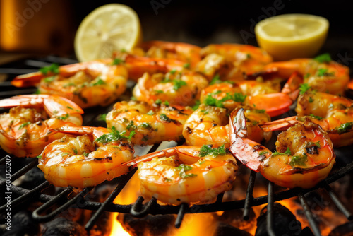 Grilled shrimps on the flaming grill, created with Generative AI Technology
