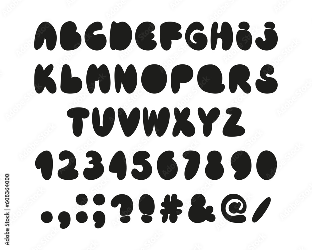 Bubble alphabet graffiti silhouette font. Y2K aesthetic stylized letters. Hand drawn typeface, numbers and punctuation marks. Vector illustration isolated on white background Bubble alphabet graffiti silhouette font. Y2K aesthetic stylized letters. Hand drawn typeface, numbers and punctuation marks. Vector illustration isolated on white background