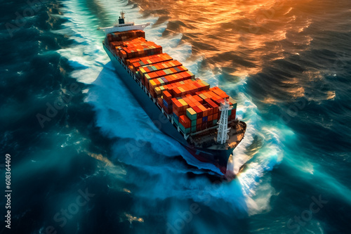 The tranquil beauty of the twilight hour embraces the container ship gracefully sails across the vast expanse of the ocean, leaving a trail of foamy white waves in its wake. generative AI. photo