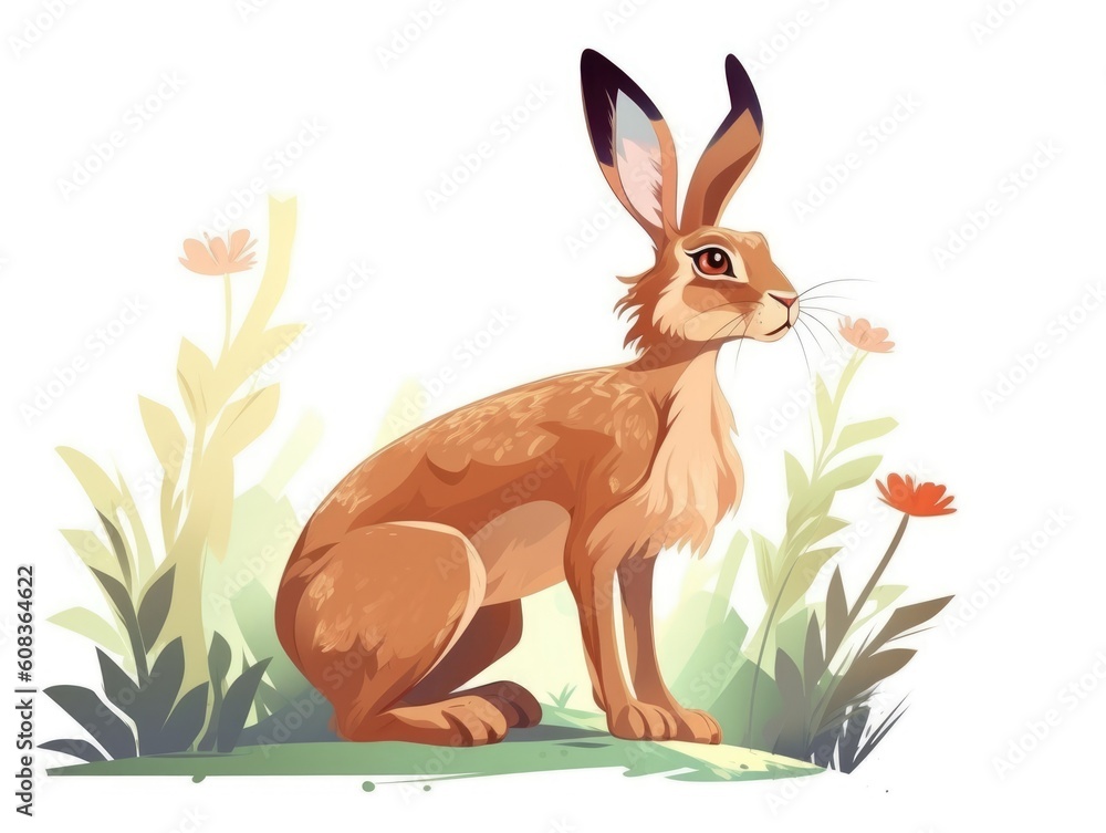 Obraz premium Hare in Cartoon Style on white background - generative AI