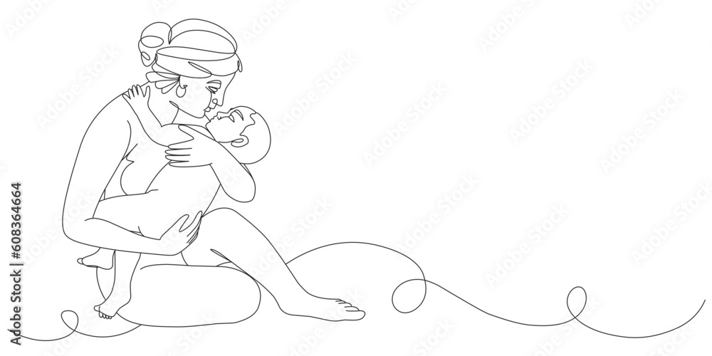 Line art vector illustration of Mother and child