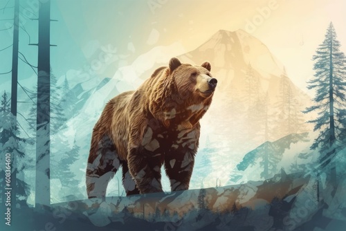 A peaceful brown grizzly bear in nature with mountain background. (Illustration, Generative AI)