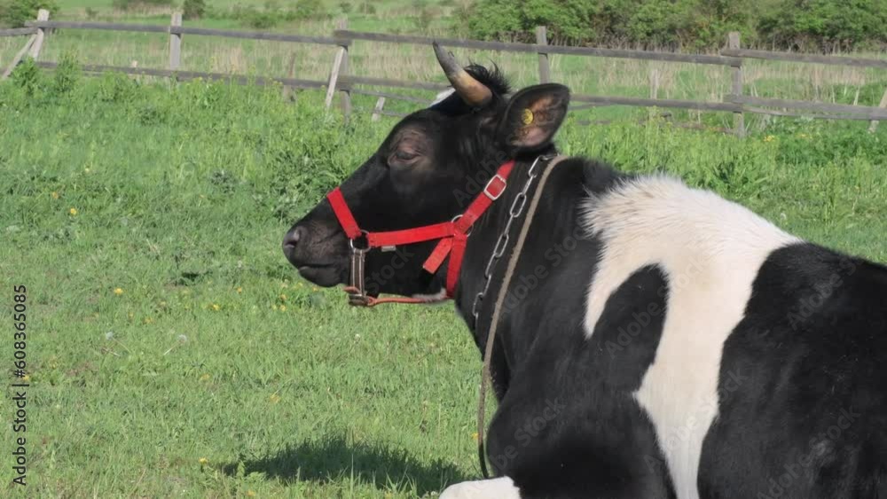 cow in red halter laying and grazing at pasture . sunny spring evening cow in red halter laying and grazing at pasture . sunny spring evening