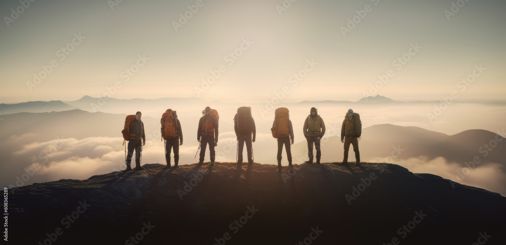 Summit Conquerors. Group of alpinists on the top of the mountain. Adventure, teamwork, and triumph concept. AI Generative