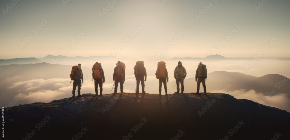 Summit Conquerors. Group of alpinists on the top of the mountain. Adventure, teamwork, and triumph concept. AI Generative Summit Conquerors. Group of alpinists on the top of the mountain. Adventure, teamwork, and triumph concept. AI Generative