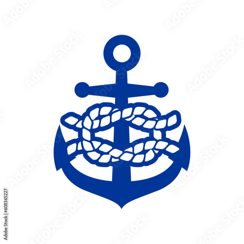 Logo nautical. Silueta ancla de barco con nudo marinero de cuerda