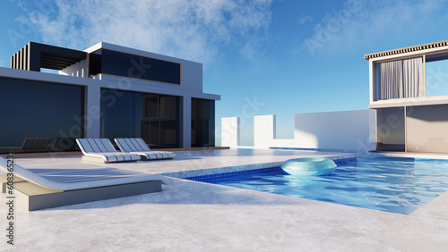 3D render modern and luxury building architecture design concept, summer villa house residence and private with swimming pool and sea view, private zone, hotel or resort with space for sunbathing.
