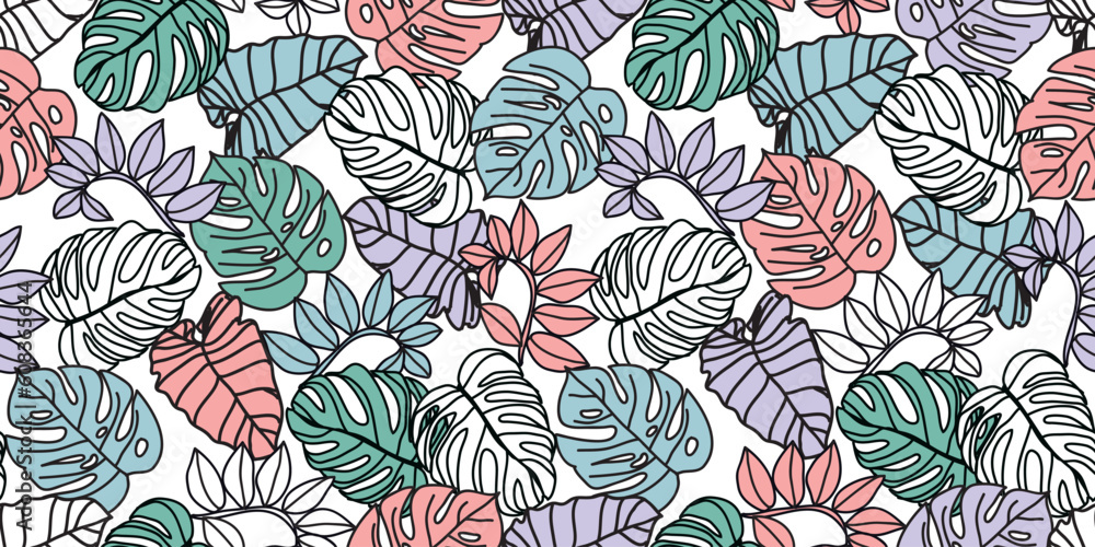Summer seamless pattern with tropical leaves. Vector illustration for card, banner, invitation, social media post, poster, mobile apps, advertising.
