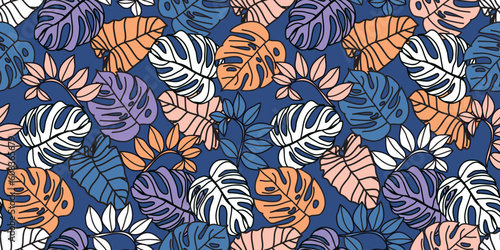 Summer seamless pattern with tropical leaves. Vector illustration for card, banner, invitation, social media post, poster, mobile apps, advertising. 