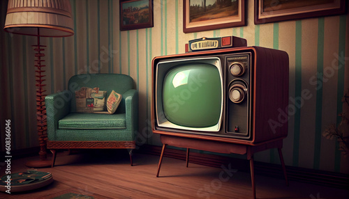 Old fashioned vintage retro design room with retro tv. Abstract illustration.